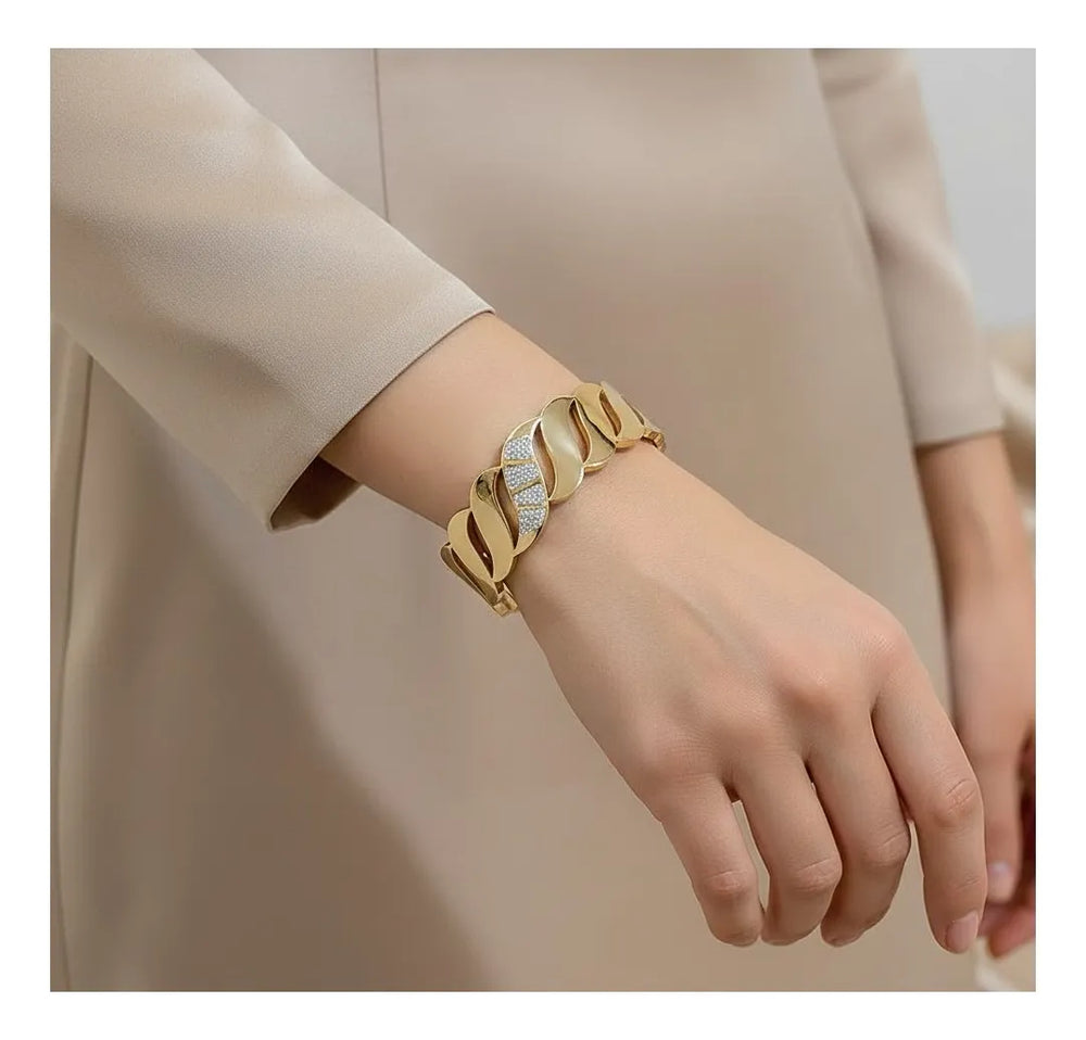 Gold Plated Twisted Wave Bangle – Crystal Pave Cuff Bracelet (Anti-Tarnish & Waterproof)