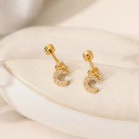 Crescent Moon Crystal Stud Earrings | Anti-Tarnish Gold-Plated