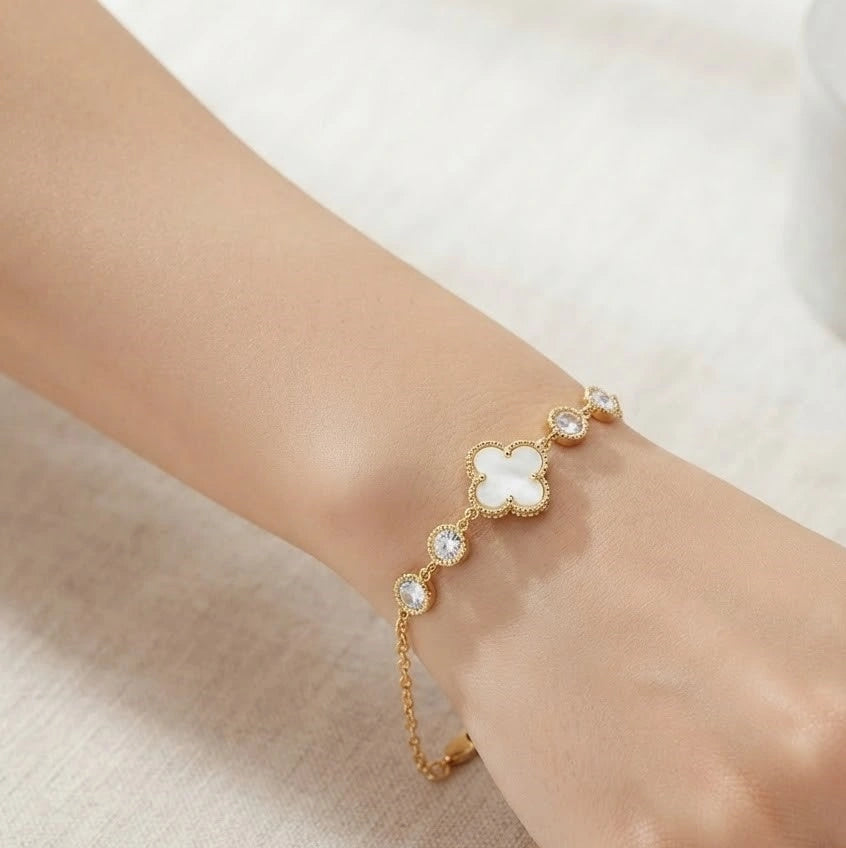 White Clover Motif Gold Plated Bracelet | Anti-Tarnish