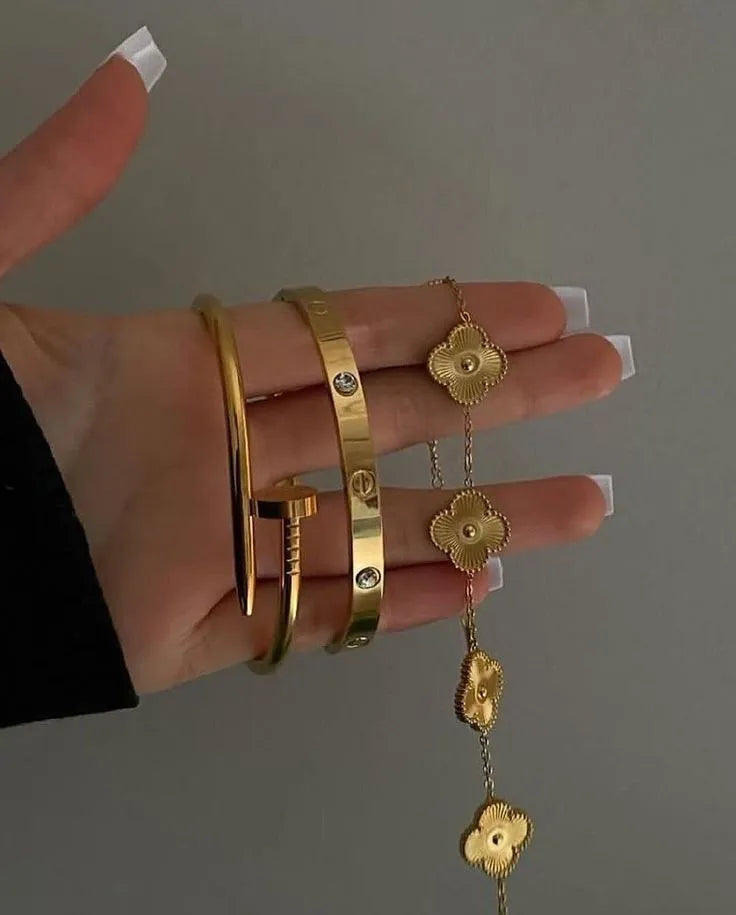 The Ultimate Golden Stack - 3 Pc Combo (Clover, Nail & Screw Bangle) | Anti-Tarnish & Waterproof