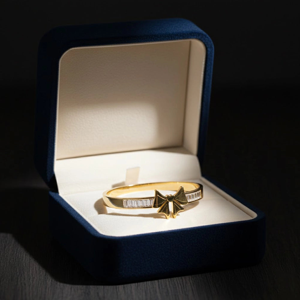 Gold Plated Bow Bangle with Baguette Crystals | Anti-Tarnish Korean Cuff Bracelet