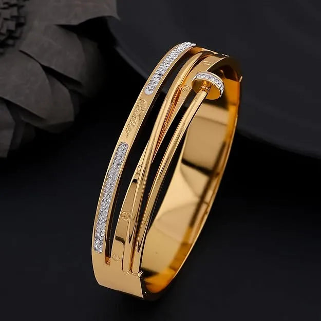 Triple Layer Nail Bangle - Gold Plated Anti-Tarnish Crystal Bracelet | Korean Style Statement Jewelry