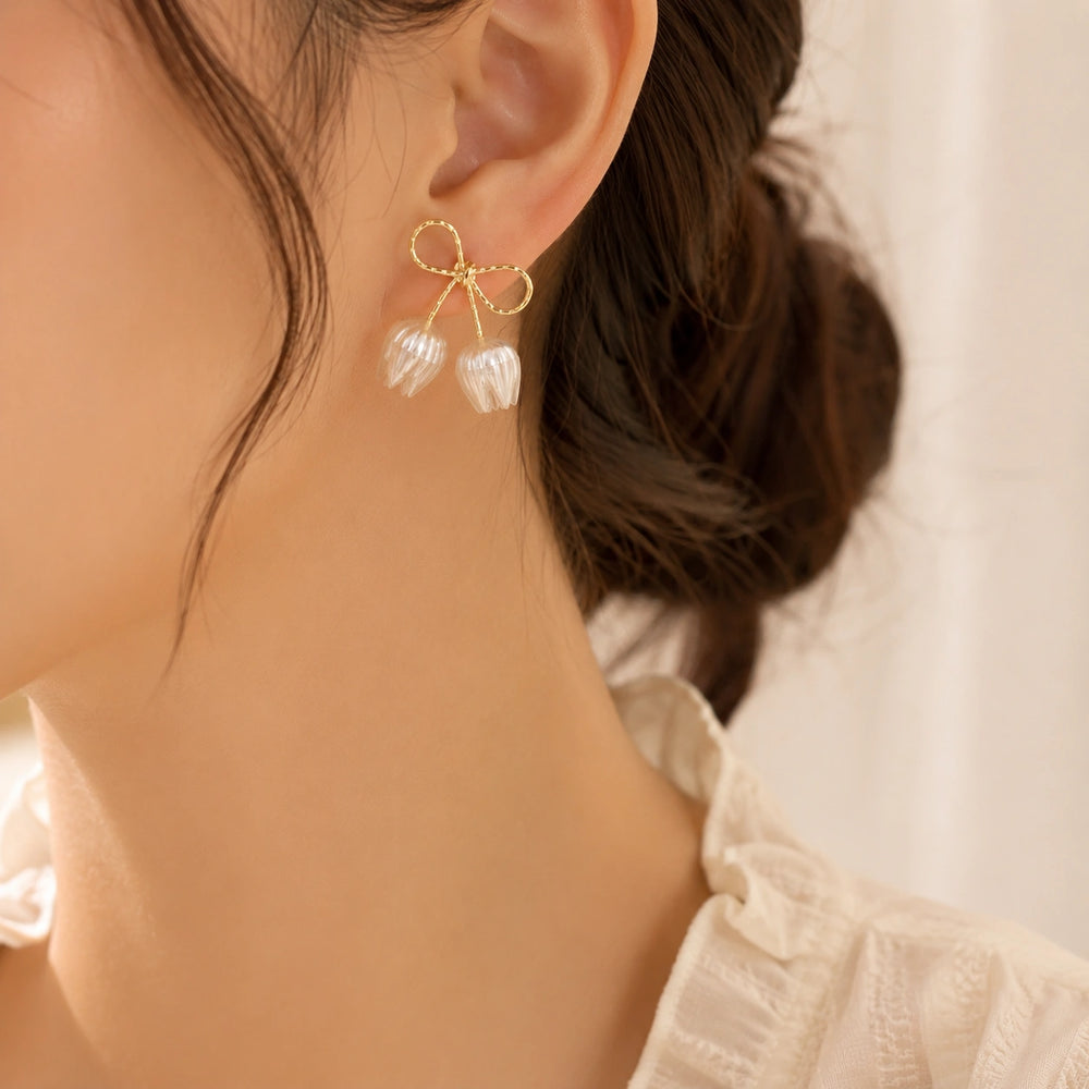 Coquette Bow & Pearl Tulip Drop Earrings - High Quality Korean Fashion Jewelry