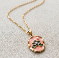 Pink Floral Enamel Pendant Necklace - Anti Tarnish Gold Plated