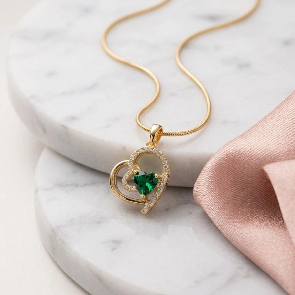 Green Emerald Heart Pendant Necklace - Anti-Tarnish Gold Plated
