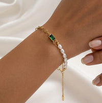 Emerald Green Stone & Pearl Gold-Plated Bracelet