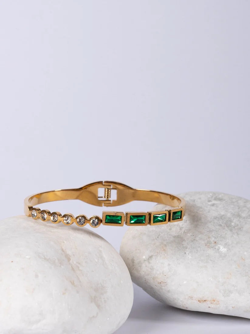 Emerald Green Baguette Gold Plated Anti-Tarnish Bangle Bracelet