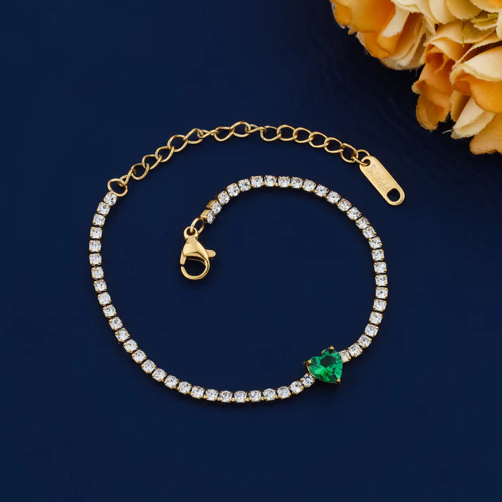 Emerald Green Heart Tennis Bracelet - Anti-Tarnish Gold Plated