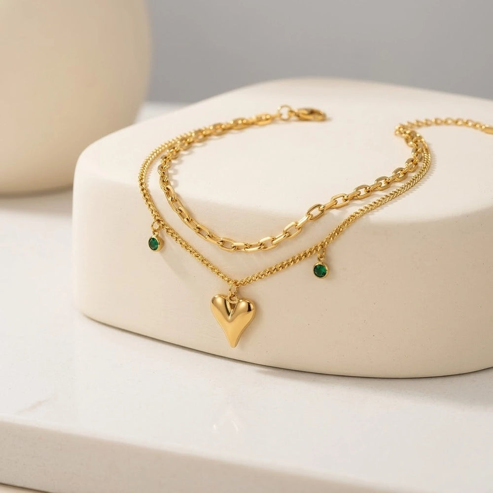 Emerald Heart Double Layered Anti Tarnish Gold Plated Bracelet for Women