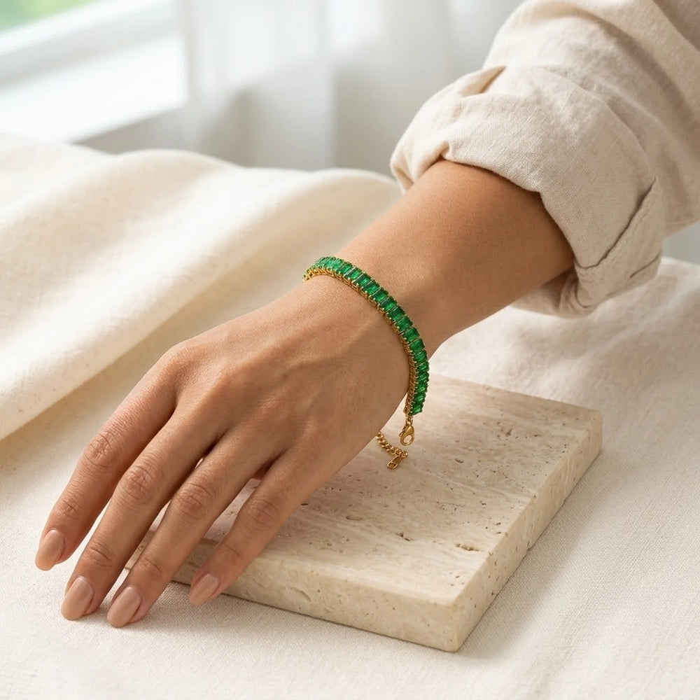 Emerald Green Baguette Tennis Bracelet | Anti Tarnish Gold Plated
