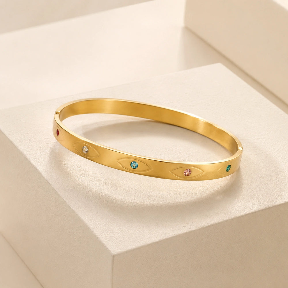 Evil Eye Multi-Stone Gold Plated Bangle | Anti-Tarnish Minimalist Bracelet