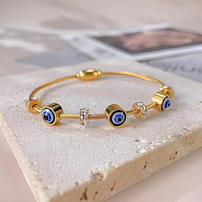 Evil Eye Anti-Tarnish Gold Plated Wire Bangle Bracelet for Women