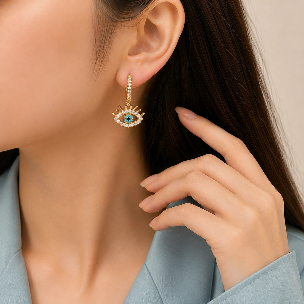 Evil Eye Dangle Hoop Earrings | Anti Tarnish Gold Plated | Minimalist Everyday Jewelry