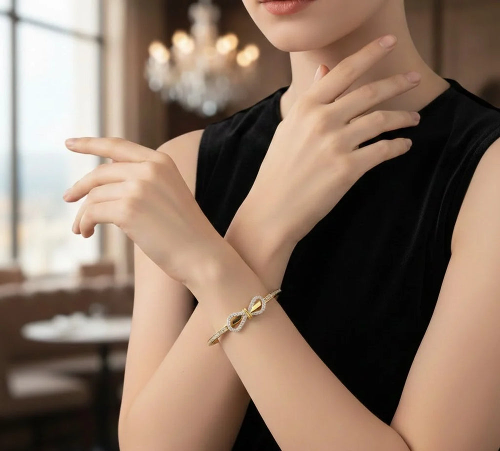 Crystal Bow Knot Bracelet - Anti-Tarnish Gold Plated Bangle for Women