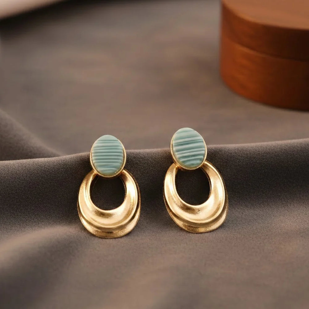 Teal Striped Geometric Drop Earrings – Korean Style Gold Tone Fashion Jewelry