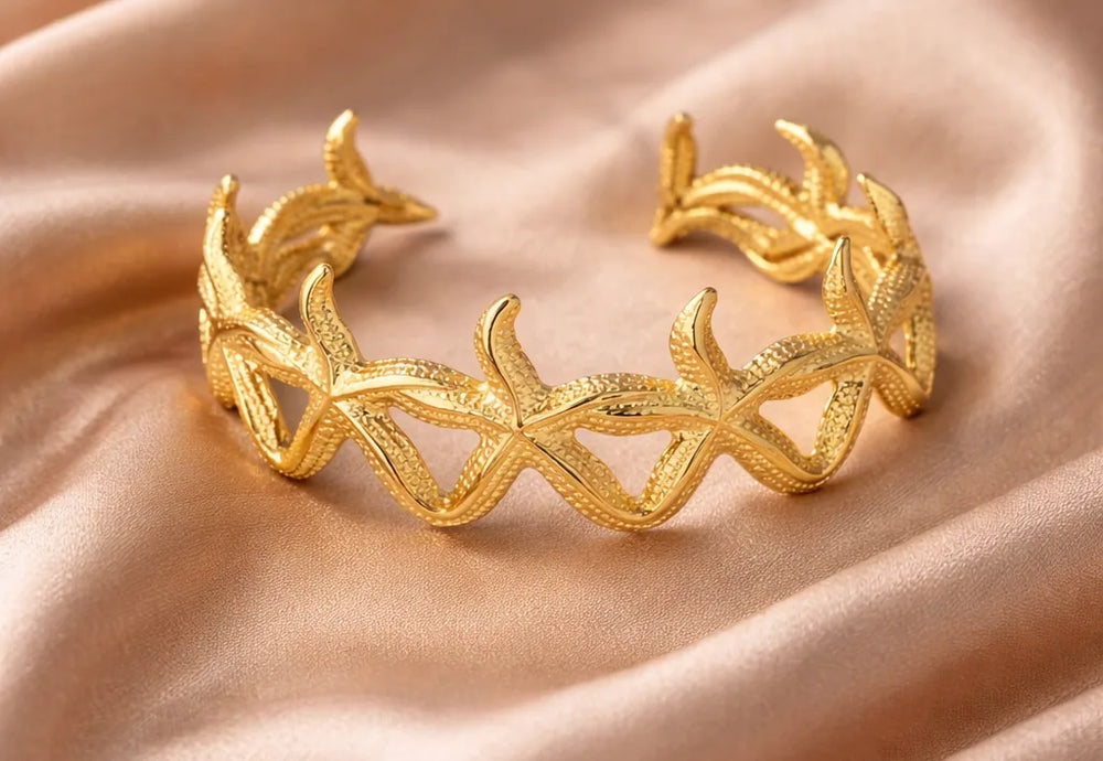 Starfish Textured Open Cuff Bracelet – Gold Plated Anti-Tarnish Beach Jewelry