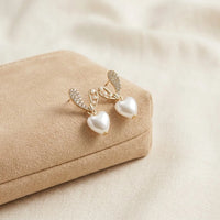 Korean Heart Pearl Drop Earrings - Dainty Gold CZ Fashion Earrings | Moncheri