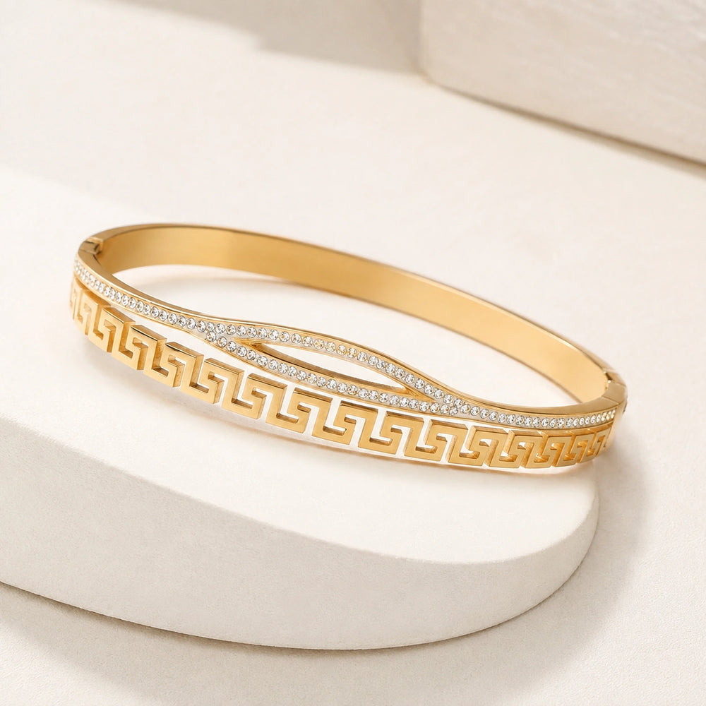 Greek Key Zirconia Gold-Plated Bangle | Anti-Tarnish Minimalist Bracelet
