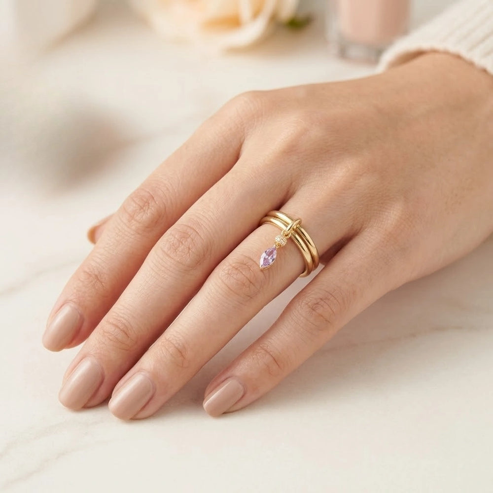 Minimalist Pink Charm Dangle Ring - Anti Tarnish Gold Plated