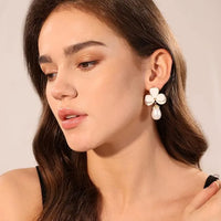 White Floral Pearl Drop Earrings – Elegant Gold-Tone Fashion Jewelry for Women