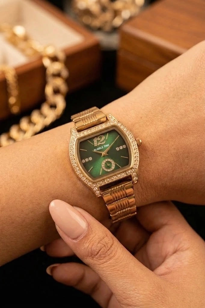 Bubble Time Emerald Green Dial Anti-Tarnish Gold Plated Watch for Women