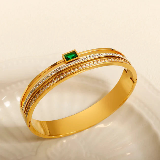 Emerald Green Zircon Layered Bracelet - Anti-Tarnish Gold-Plated Bangle