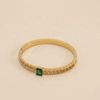 Emerald Green Stone Greek Key Bangle - Anti-Tarnish Gold-Plated Bracelet