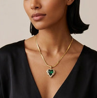 Emerald Green Heart Pendant Gold Plated Necklace - Anti Tarnish