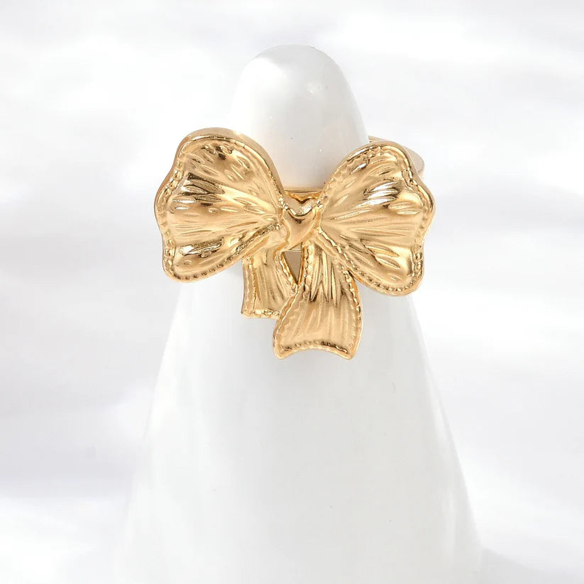 Bow Ring Gold Plated – Anti-Tarnish Coquette Ribbon Design Adjustable Finger Ring for Women