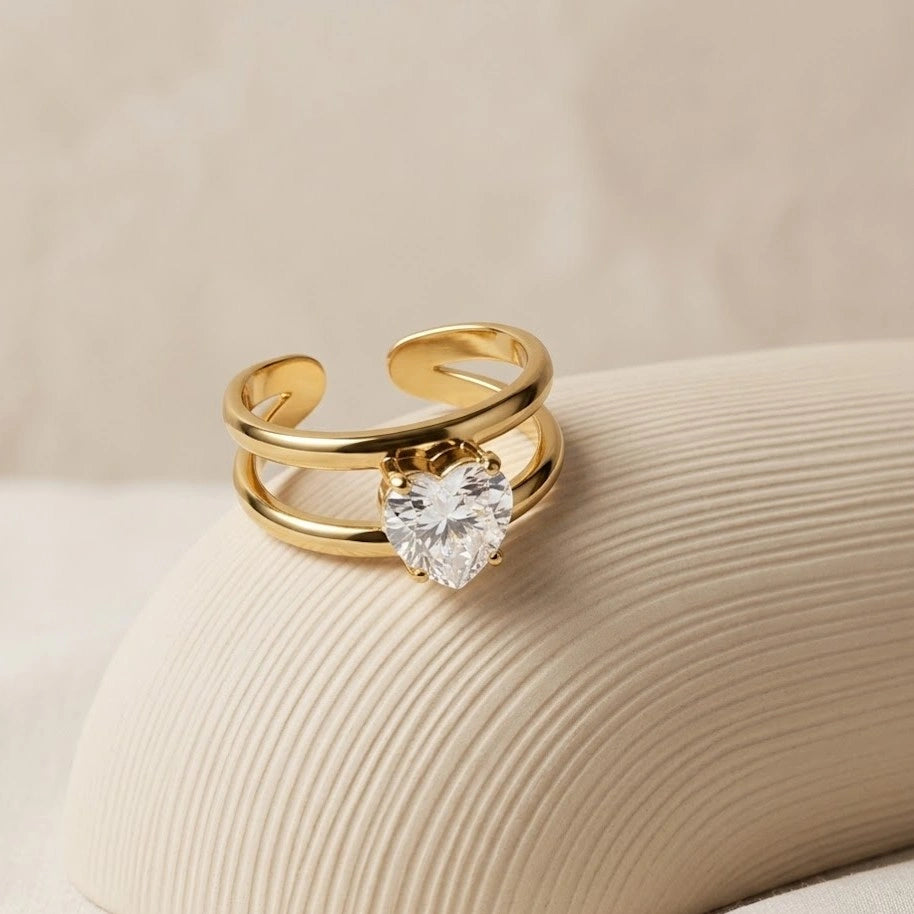 Radiant Heart Double Band Ring - Anti Tarnish Gold Plated