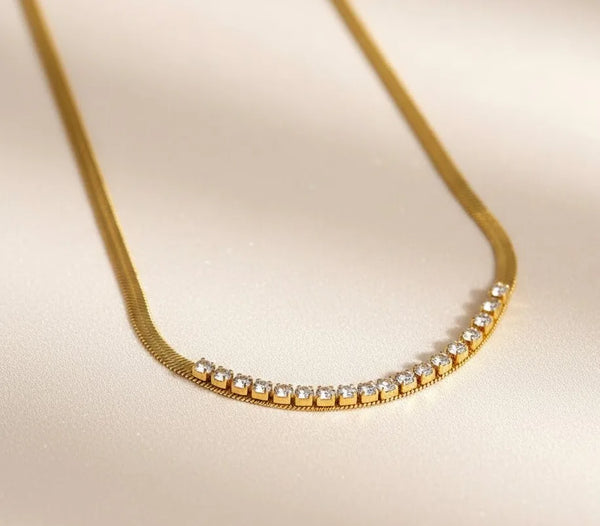 Korean style herringbone choker necklace waterproof jewellery with crystal accents