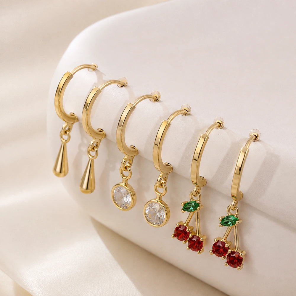 Cherry & Crystal Charm Hoop Earring Set - Anti Tarnish Gold Plated