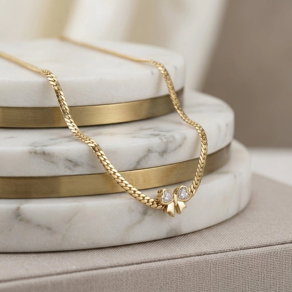 Coquette Bow Heart Pendant Snake Chain Necklace - Anti Tarnish Gold Plated