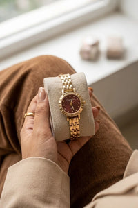 Elegant Maroon Dial Anti Tarnish Gold Plated Watch for Women
