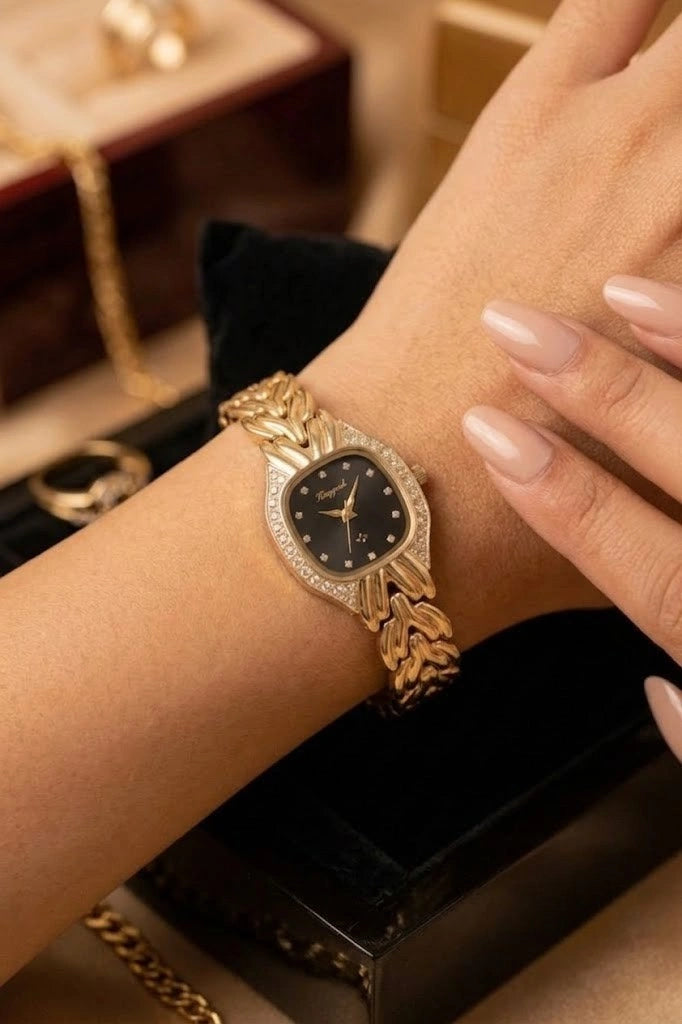 Vintage Élite Gold Plated Watch with Black Dial - Anti-Tarnish Luxury Timepiece
