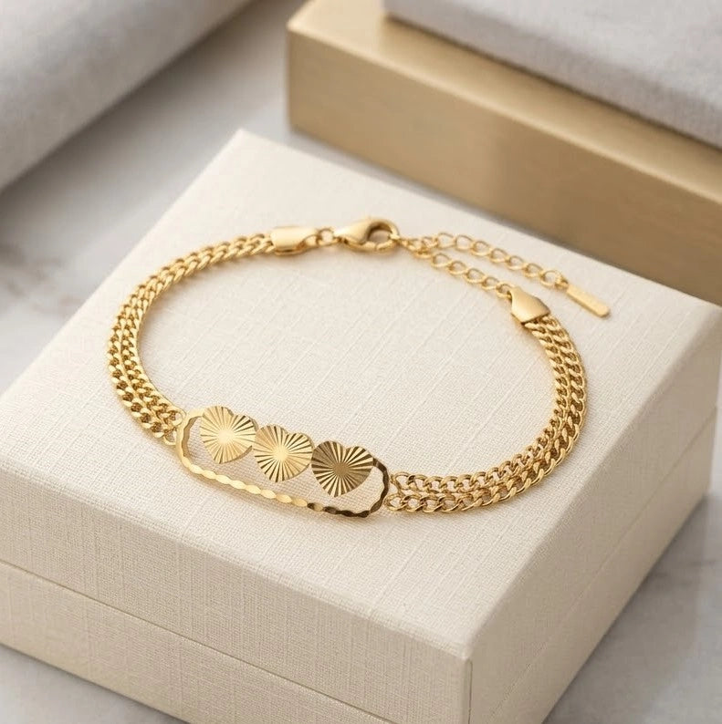 Radiant Triple Heart Gold Plated Bracelet - Anti Tarnish