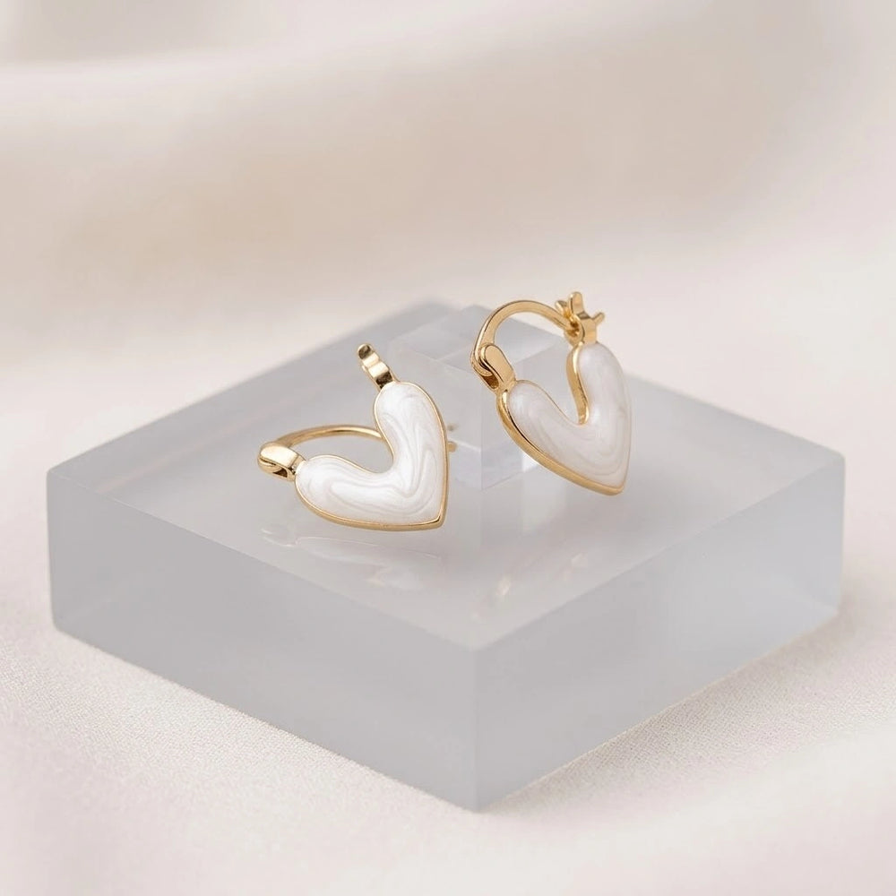 White Heart Enamel Hoop Earrings | Gold Plated Fashion Jewelry