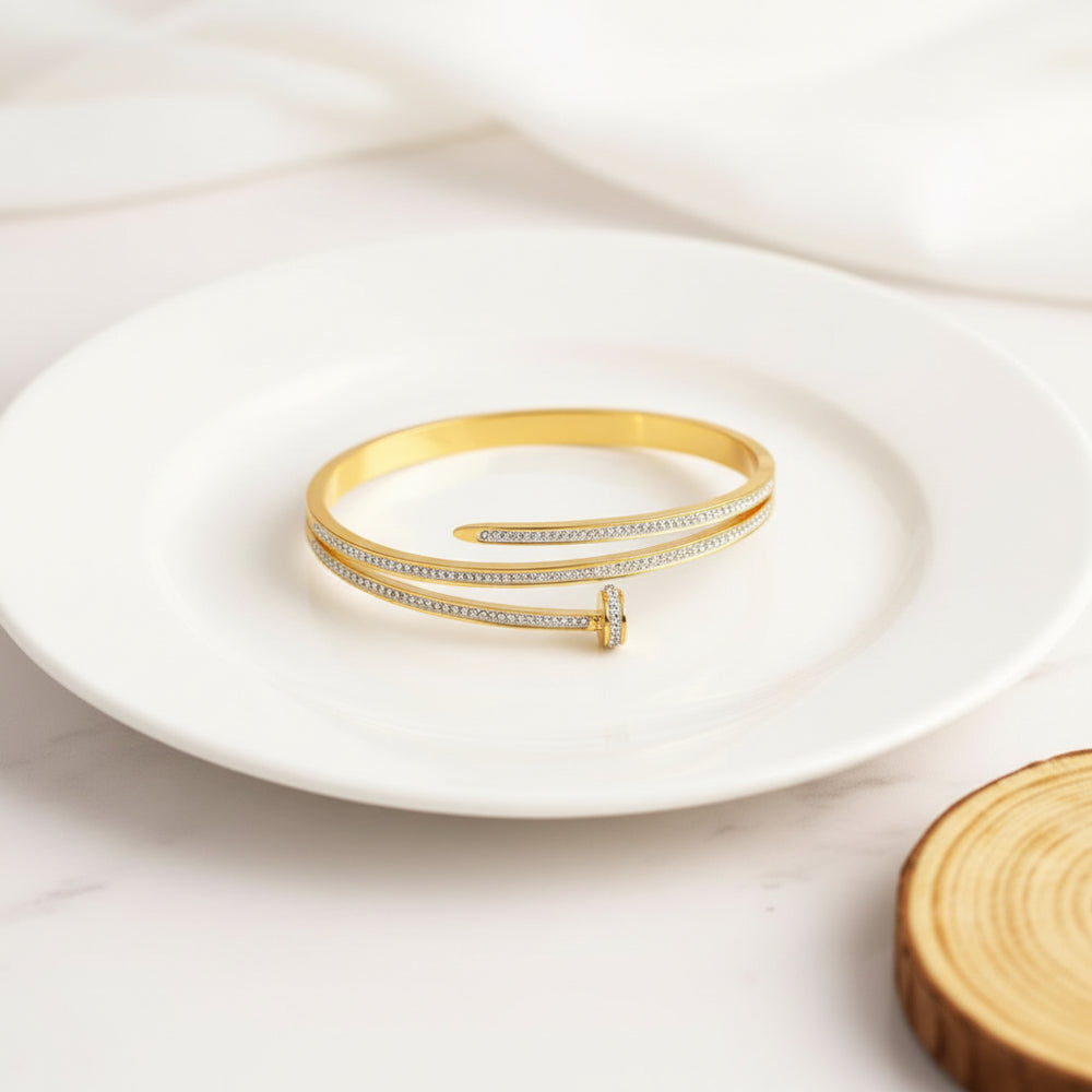 Crystal Pave Nail Design Wrap Bracelet | Anti-Tarnish Gold Plated | Korean Style Statement Bangle
