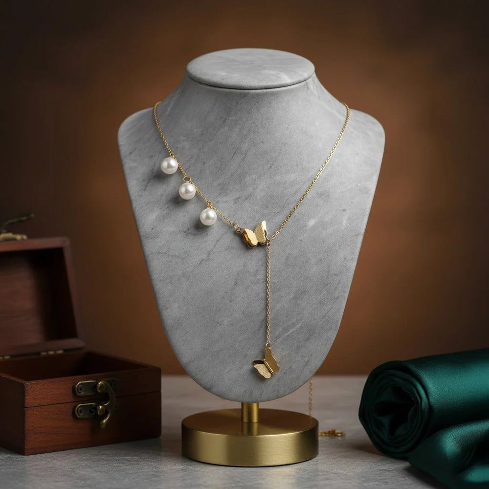 Butterfly & Pearl Lariat Necklace | Anti-Tarnish Gold Plated Y-Chain | Korean Style