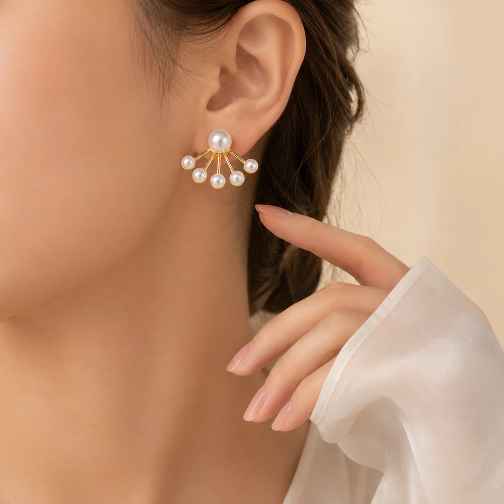 Pearl Sunburst Ear Jacket | Gold Plated Fan Stud Earrings