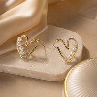 Gold Plated Pearl Heart Earrings - Minimalist Korean Fashion Jewelry