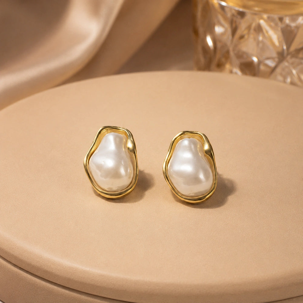 Baroque Pearl Stud Earrings - Gold Plated Vintage Design
