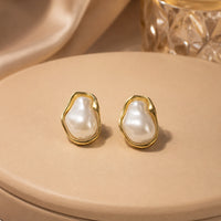 Baroque Pearl Stud Earrings - Gold Plated Vintage Design