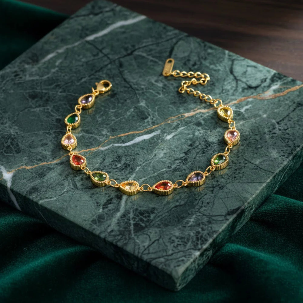 Multicolor Teardrop Crystal Bracelet - Anti-Tarnish Gold Plated Stainless Steel Chain