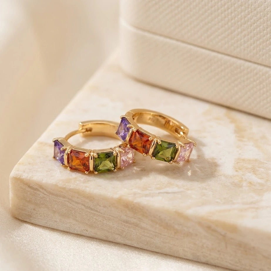 Multi-Color Stone Gold Hoop Earrings - Premium Korean Fashion