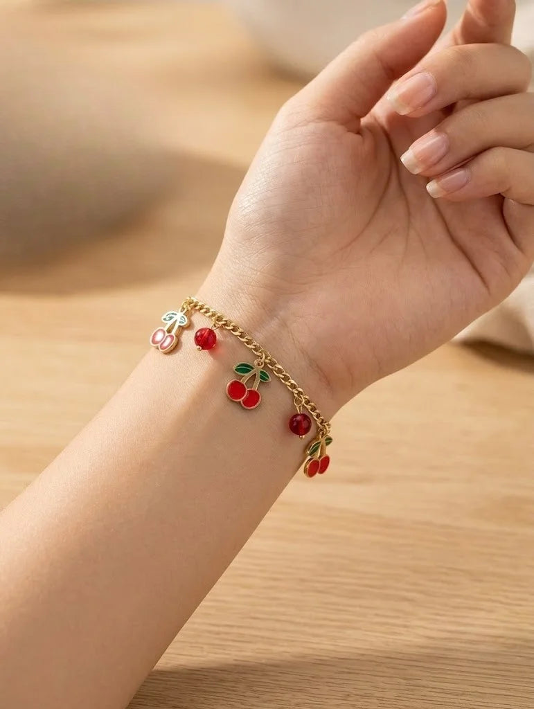 Red Cherry Charm Coquette Bracelet - Anti Tarnish Gold Plated