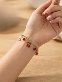 Red Cherry Charm Coquette Bracelet - Anti Tarnish Gold Plated