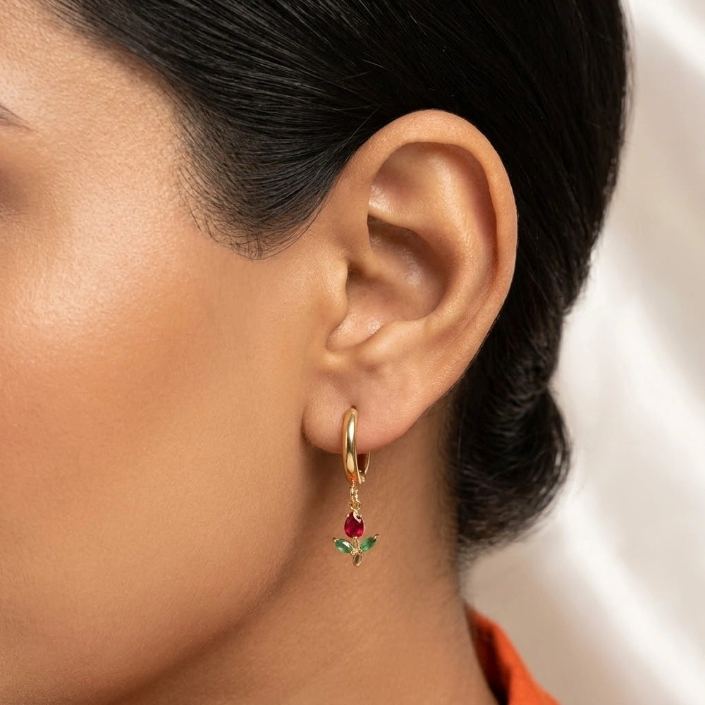 Red Tulip Flower Drop Hoop Earrings - Anti Tarnish Gold Plated