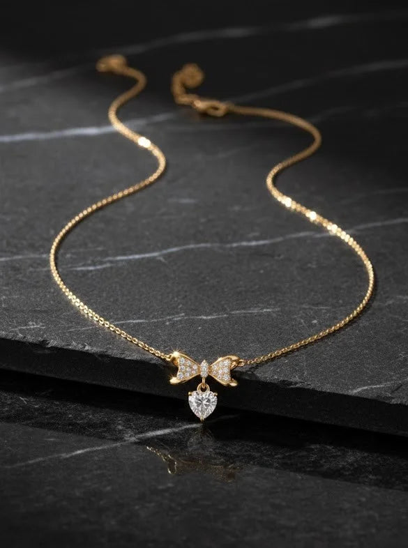 Crystal Bow & Heart Pendant Necklace | Anti-Tarnish Gold Plated Snake Chain