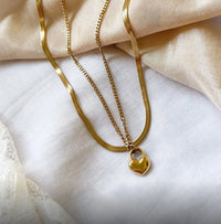 Gold Plated Heart Pendant Double Layered Snake Chain Necklace - Anti-Tarnish Korean Jewellery